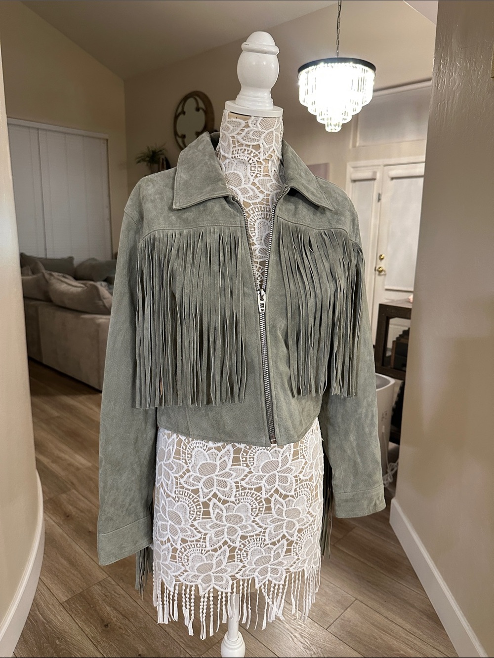 Stunning suede green fringe jacket blank NWT size M - Picture 2 of 11